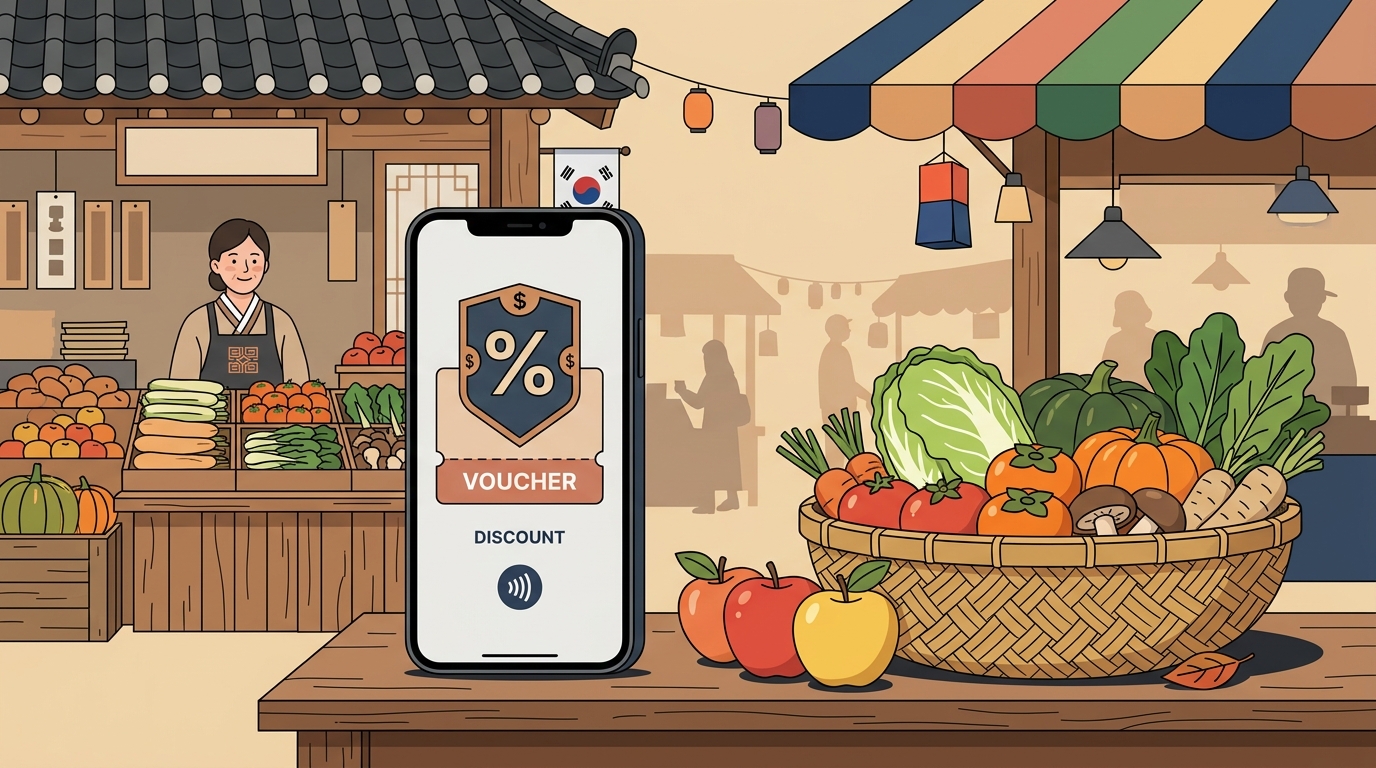 2026 추석 온누리상품권 할인 확대 및 전통시장 환급 혜택 총정리 에디토리얼 일러스트